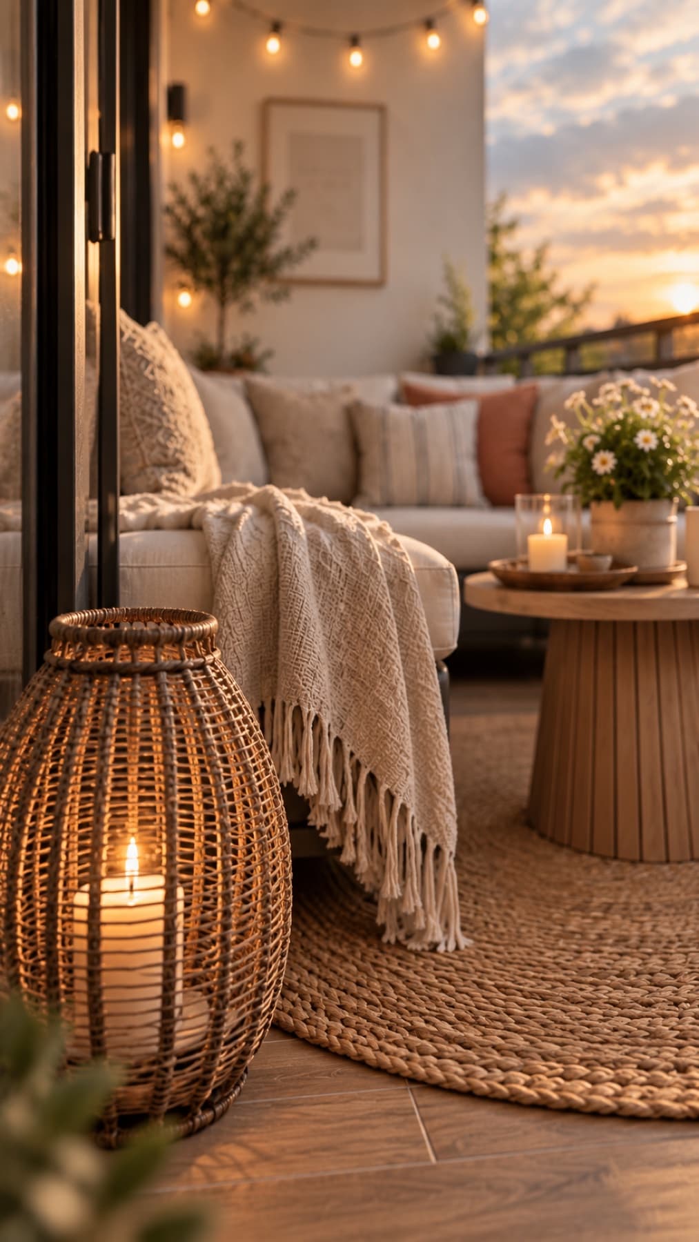 Candlelight, rattan and a heavy knitted throw